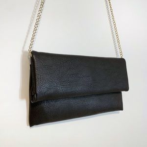 Black Leather Clutch Bag with Gold Chain